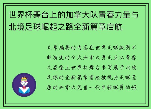 世界杯舞台上的加拿大队青春力量与北境足球崛起之路全新篇章启航