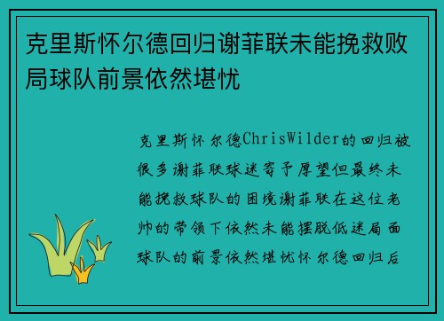 克里斯怀尔德回归谢菲联未能挽救败局球队前景依然堪忧