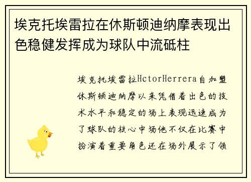 埃克托埃雷拉在休斯顿迪纳摩表现出色稳健发挥成为球队中流砥柱